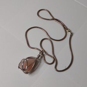 Silver Tone Metal And Pink Stone Pendant Necklace 24 Inches Long